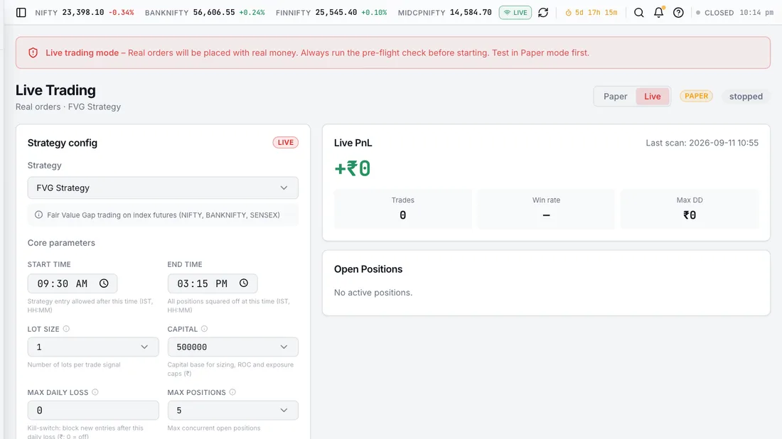 AlgoHub Live – Runs strategies as independent processes with per-strategy stops, daily loss limits and an end-of-day auto-stop, reporting each one's positions and P&L separately.