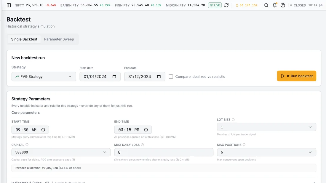 Backtesting Engine – Tests a strategy against real historical NSE data with costs and slippage modelled, reporting profit factor, drawdown, win rate and the full trade list rather than a single equity curve.