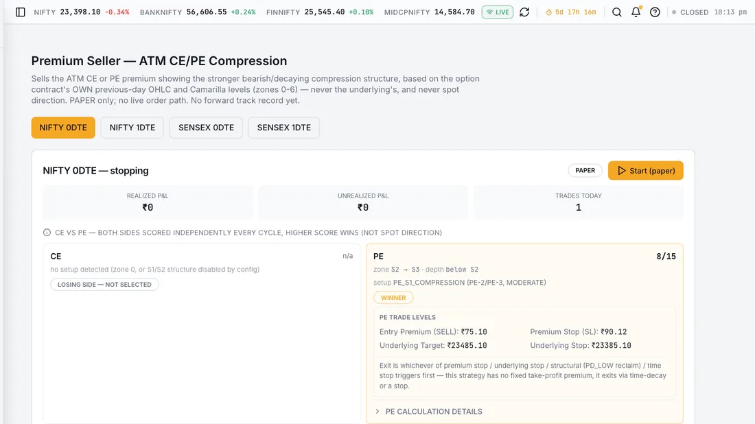 Premium Seller – An option-selling workspace for at-the-money premium on NIFTY and SENSEX, built on each contract's own OHLC and Camarilla structure. Paper mode only.